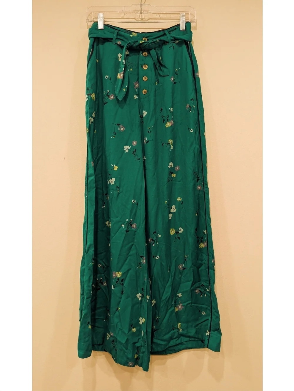 Free People Green Floral Wide Leg Viscose Pants Size 2